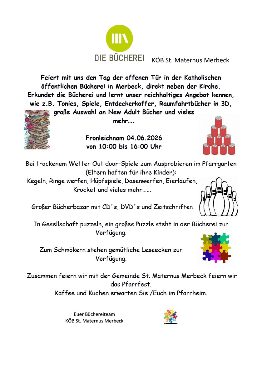 Flyer "Tag der offenen Tür" in der katholischen öffentlichen Bücherei von Merbeck für Region Wegberg im Kreis Heinsberg