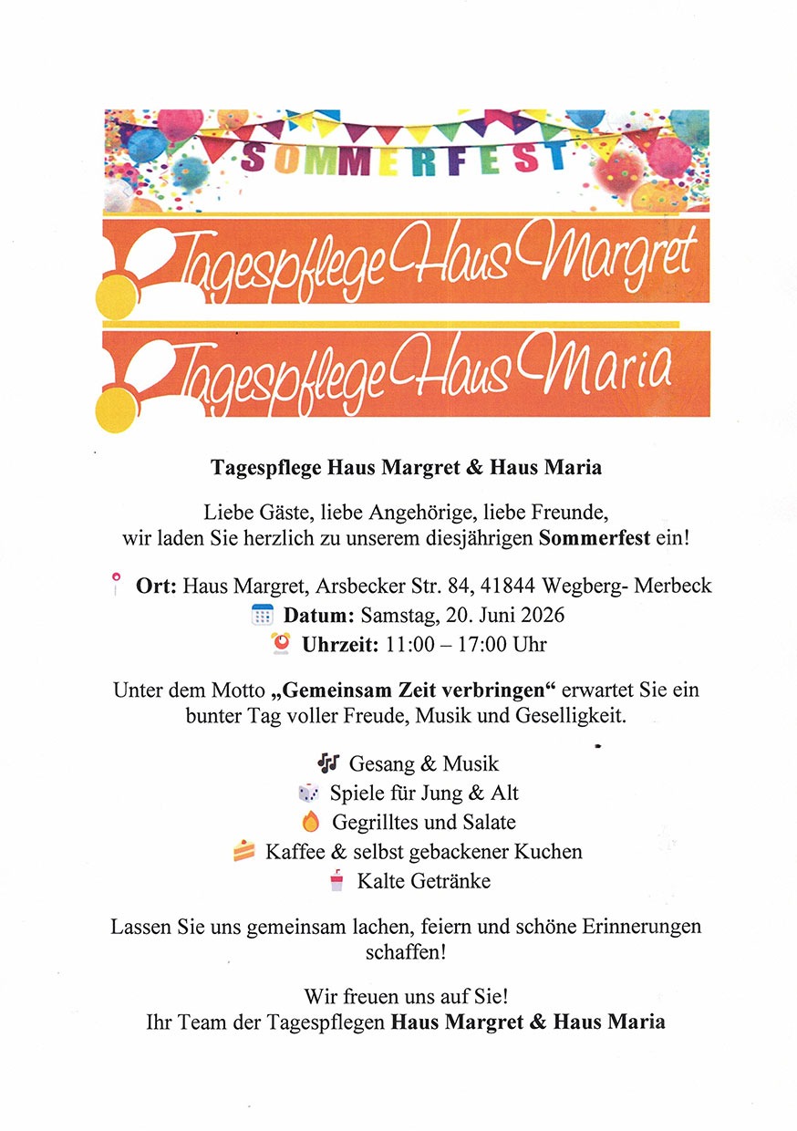 Tagespflege Haus Margret in Merbeck in Wegberg im Kreis Heinsberg, Nähe Erkelenz und Mönchengladbach feiert das Sommerfest 2026