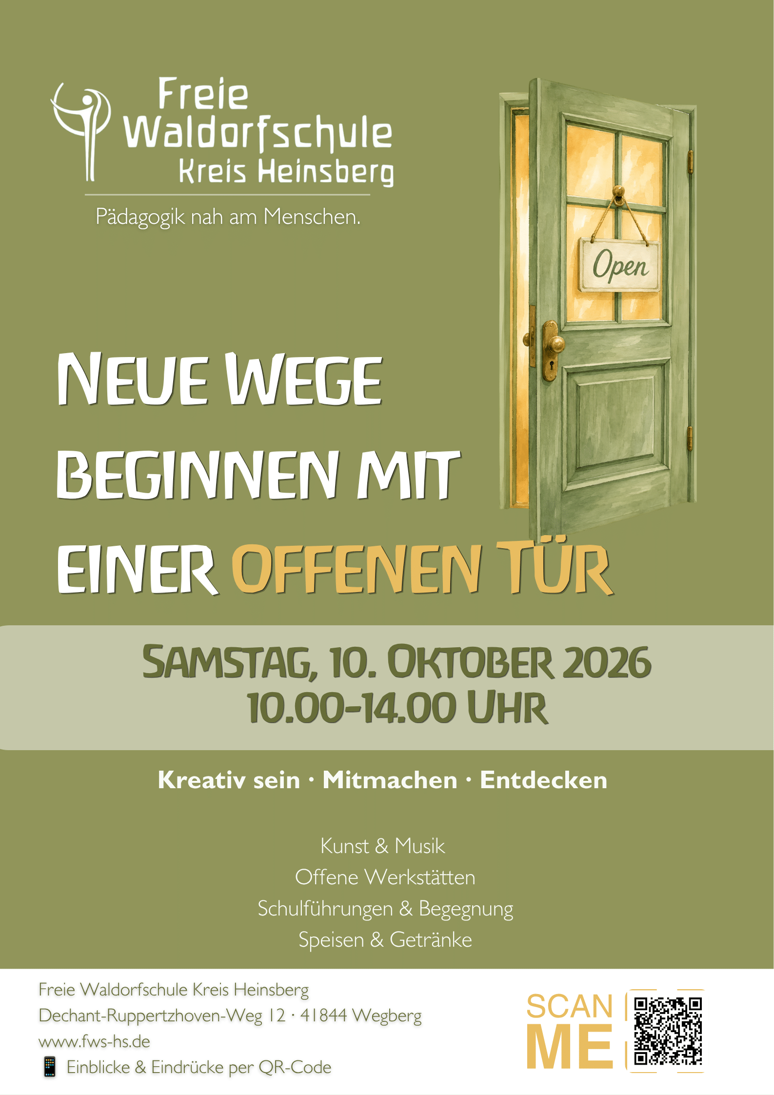 Die Freie Waldorfschule Kreis Heinsberg lädt am 10. Oktober 2026 zum Tag der offenen Tür in Wegberg-Dalheim ein. Schule entdecken, mitmachen und Waldorfpädagogik kennenlernen.