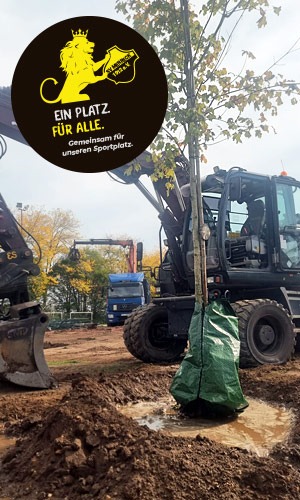 Baum und Bagger<br />
Arbeiten am neuen Sportplatz des SV Merbeck: Ein neu gepflanzter Baum steht auf der Baustelle zwischen zwei Baggern. Oben links ist das Aktionsmotiv „Ein Platz für alle – Gemeinsam für unseren Sportplatz“ mit dem Wappen des SV Merbeck eingeblendet.