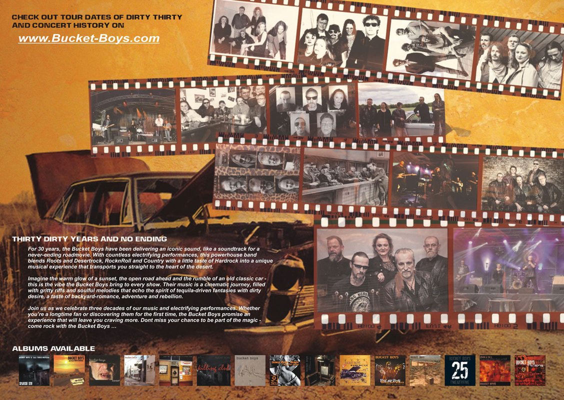 bandeschichte-und-jubilaeum Werbegrafik der Bucket Boys zum 30-jährigen Bandjubiläum mit historischen Bandfotos, Konzertaufnahmen und Albumcovern. Die Bilder sind als Filmstreifen vor einem orangefarbenen Hintergrund mit einem alten Auto angeordnet. Die Grafik erinnert an drei Jahrzehnte Rockmusik und die Dirty-Thirty-Jubiläumstour.